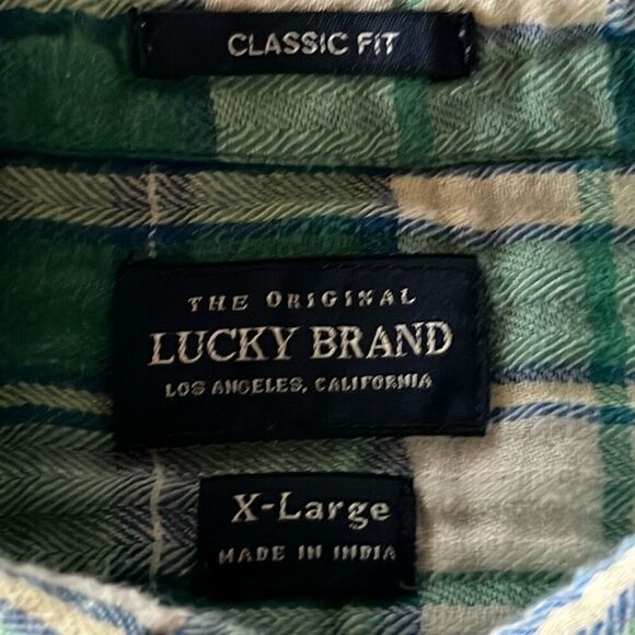 Lucky Brand Green Plaid Veryical Textured Flannel Shirt Button Front Mens Large - Picture 3 of 11